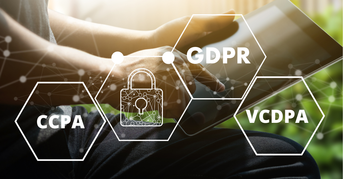 A person working on a notebook computer with overlay of regulations: GDPR, VDPCA and CCPA